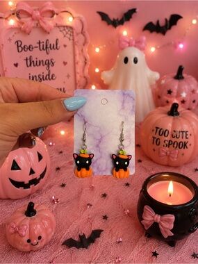 Handmade Halloween Black Cat Pumpkin Earrings - Pink & Orange